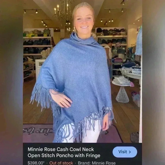 Minnie Rose Cashmere Blue Cowl Neck Open Stitch Poncho with Fringe One Size - Picture 3 of 4